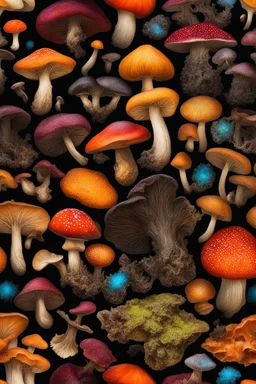 Diseased colourful mushrooms and fungi growing from black oil with a black background in the multiverse