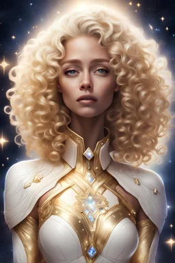 donna galattica con capelli biondi ricci con abiti bianco e oro e con diamanti in mezzo agli occhi e in mezzo al petto con sfondo di luce e stelle e con bimbo in braccio biondo
