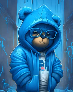 a teddy bear wearing a blue hoodie and glasses, graffiti art by Hanna-Barbera, behance contest winner, lyco art, behance hd, 2d game art, official art