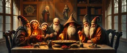 Dynasty family, all generations, by table, in winter glow, master oil painting by Rembrandt, arts magica spy gnomes soap opera poster, huge multi level archive, library, woodland creatures, motion blur, background mist, light beam from windows Let the magic flow Oh winter glow Don't let it go [Bridge] Stars above like tiny fires Hearts alight with quiet desires