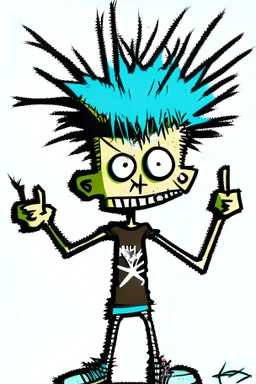 2d drawing of a stickman, cool with punk hair, x eyes like in hangman, both arms in air, showing piece sign,3d realistic in colour