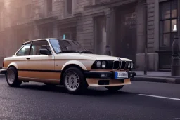 a 1990 bmw 2-door 4k ,ultra realistic,concept, 4k ,on street, parked in crowded city