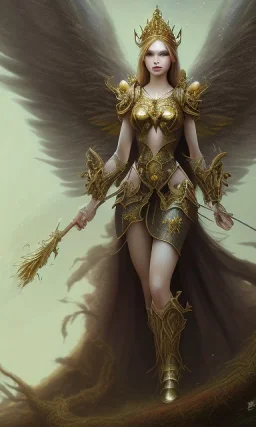 Female angel with beautiful perfect face, big fire wings and golden crown floating above the ground in the dark enviroment, anatomically correct, michelangelo style, detailed, world of warcraft style, dark forest, trees, painting, brush strokes, 8k, dark forest in the background, dramatic camera view