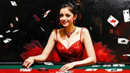 impressionist oil painting smooth brush strokes "head and shoulder" beautiful woman sitting at poker table elegant red tulle and shiny dress, red jewelry black hair in a bun, big hanging curls, slight smile, eyes downcast, long eyelashes cards in hand dark background other small cards flying around her some deteriorating grainy noise falling particles, backlight