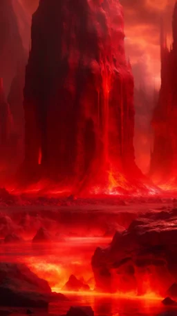 Lava lake in hell with land surrounding it, realistic close up