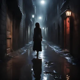 girl yalda night A dark alley yalda night, hidden shadows, a street light, puddle of rain,