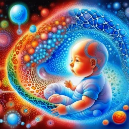 Quantum Serenity: A watercolor depiction of the conception of a baby, illustrating the interplay of microscopic quantum particles and DNA at the molecular level, embodying calmness in action.”