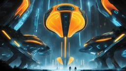 tron legacy movie, creatures,, space ships, city of the future, trees , forest, yellow, blue, red, orange