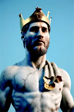 Ultra Realistic image, Roman sculpture, white marble material, Lionel Messi, gold crown of natural thorns, god crown, Renaissance style, sun rays background, waist up portrait, gold flecks, epic, celestial, cinematic lighting, God lights, 4k resolution, smooth details, soft lighting, unreal engine 5, art station, substance 3d.