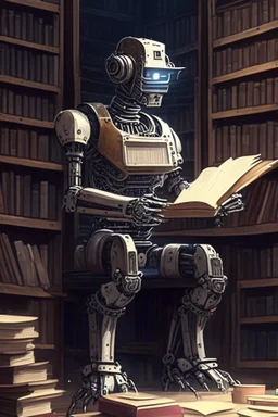 A huge library is serviced by computers, and there are many books on the shelves. The robot is sitting on a chair at the table and holding an antique book in his hands. Expression. High-quality drawing, 8K