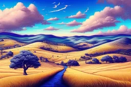 intricate details lush fantasy plains soft rolling hills big blue sky