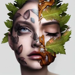 Queen Girl body face tattoo of leaves and gnarled branches extending past face and morphing into reality, color tattoo, 8k resolution, high-quality, fine-detail, intricate, digital art, detailed matte, volumetric lighting, illustration, octane render