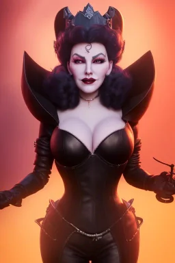 Mae West as evil queen in black leather, leather, busty, cleavage, angry, stern look. character design by cory loftis, fenghua zhong, ryohei hase, ismail inceoglu and ruan jia. unreal engine 5, artistic lighting, highly detailed, photorealistic, fantasy