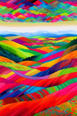 A vast landscape adorned with a (((vibrant patchwork))), representing stripes of colorful cloth, artfully woven across the contours of the ((softly sloping mountains)), creating a canvas of vivid contrast and optically pleasing harmony