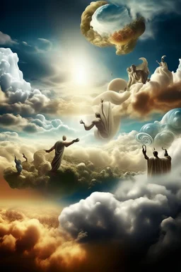 Generate a surrealistic landscape with Gods arm reaching down from a cloud surrounded by the sun and angels floating towards earth