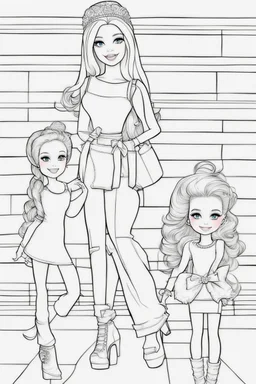 outline art for kids barbie coloring pages with barbie with her 2 friends , no background, sketch style, full body, only use outline, mandala style, clean line art, white background, no shadows and clear and well outlined. should look exactly like barbie