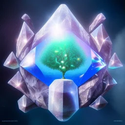 hedjuk,Tree of Life, crystal city crystalline in the sky, renderin, room, cosmic, opalescent, 100mm, opalescent, gemstones, crystals, object, other worldly,water, cristal rock ,bright, ice backg