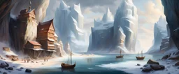 Fantasy, Icy landscape in a beach cove surrounded by steep cliffs, with 3 buildings and a harbor with 1 sloop