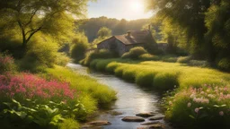 Beautiful realistic rural landscape, warm sunshine, lush plant growth, flowers, brook, peaceful, delightful, idyll, award-winning photograph, detail, beautiful composition, attractive colour, chiaroscuro, rule of thirds, human habitation