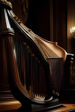 4k hdr photography of a highly detailled neoclassic harp in a reading room, view from slightly above, focus on the harp, background is out of focus, clear crisp light.