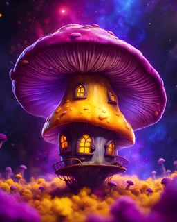 A lonely floating island mushroom house in space. yellow purple red, deep space nebulas. Detailed gloss Painting, bright color, fantastical, intricate detail, splash screen, hyperdetailed, insane depth, concept art, 8k resolution, trending on Artstation, Unreal Engine 5, color depth, backlit, splash art, dramatic, High Quality Whimsical Fun Imaginative, good composition