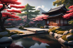 Japanese garden, ultra realistic, artstation: award-winning: professional portrait: atmospheric: commanding: fantastical: clarity: 16k: ultra quality: striking: brilliance: stunning colors: masterfully crafted.