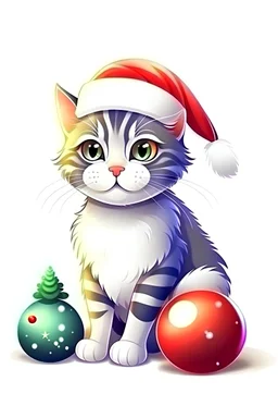 ,illustrate a scene of cat playing with Christmas ornaments and wearing Santa hat.no background,