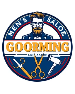 A round logo for a men's grooming salon with a groom vector at the top of the logo and a scissors vector, razor vector, and hair dryer vector at the bottom in a blue, red, white, and gold color theme.