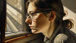 A detailed oil painting: a woman's serene visage, reflected in her glasses, lies behind a window. Her calm expression, framed by shadow, leads to an enigmatic figure in the distance at the point of view. The canvas rests on a floor with a muted hue, adding depth and perspective to the composition.