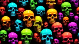 a field of 1000s of cartoonish, anatomically correct, skulls, vivid RANDOM BRIGHT neon colors, dark comedy, well lit, high detail, photorealistic, horrorcore, fun, scary, none featured, each a different color or hue,