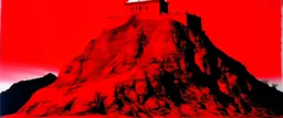 A red castle on top of a volcano painted by Andy Warhol