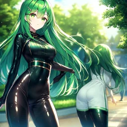 girl, masterpiece, best quality, cinematic lighting, detailed outfit, perfect eyes, long hair, green hair, green eyes, hairclip, latex legwear, outdoors,