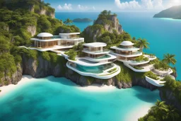 Impressive paradise islands, with elegant and luxurious futuristic homes on cliffs, vibrant and warm tones. Architecture, natural beauty, crystal clear waters, sun and lush vegetation