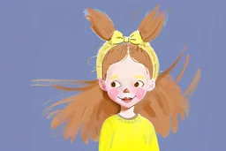 A whimsical colored illustration by Quentin Blake depicting a cute, funny happy 5 year old girl with yellow unkempt hair, wearing tufts of hair high on her head and wearing a bow.