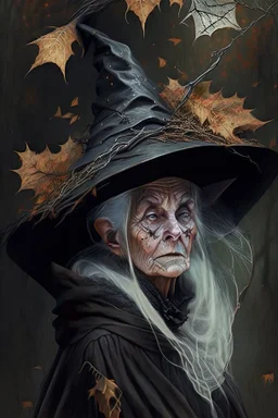 Old White-haired Witchery Witch in her pointed hat ready for the Coven in rusty autumn leaves and silver cobwebs. with burnished browns and abyss black.