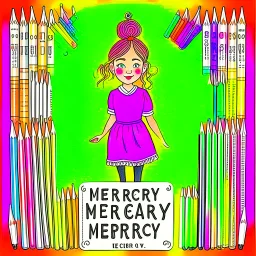 An image featuring Mercy, a spirited young girl with a passion for drawing. At the top of the image, the words "Mercy G Arts, The Pencil Lady" are elegantly displayed in artistic font, surrounded by colorful pencils and sketches. Mercy herself is captured in her element, surrounded by an array of colorful pencils and sketchbooks. With focused determination, she brings her imagination to life on paper, creating intricate worlds and characters.