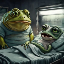 big fat large sad, yellow-green frog wearing a t-shirt, standing in an old, dilapidated room next to a bed. In the bed lies a pale gray, ancient and wrinkled lizard-medusa-frog mutant creature with two long tentacle arms, a large head, and big half-open black eyes with eyelashes. The blanket partially covers the creature. The frog gazes at the lizard creature, while the background is blurred, adding to the eerie atmosphere. The detailed, realistic rendering