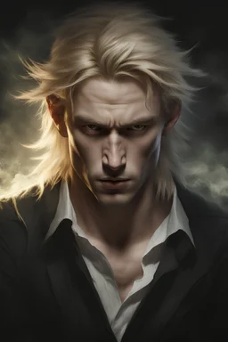 The elf is a man. The blond guy. Oil portrait style. A lightning strike scar runs through his chest and face. Waist-high. Shoulder-length hair. He is wearing a white shirt. Dark palette. The man emits light.