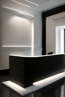 A reception desk with black walls, a white floor, and hidden or rich lighting, and it is suitable for a museum