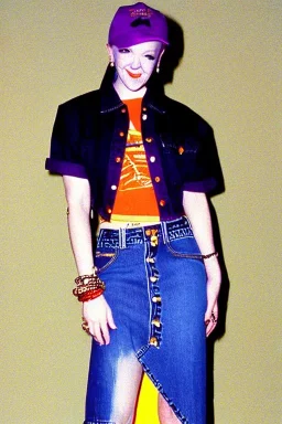 year 1996 denim fashion. Loose skirt, low waist. Colors: denim blue, blue, purple, cream, khaki, light green, lilac, plum, orange, terracotta, red, light yellow, pink, dark blue, beige. Cheetah pattern. Gwen Stephani, Missy Elliot, Shirley Manson.