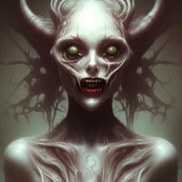 Demon girl, smiling, liquid guts, full body, creepy, horrifying, dreadful, sinister,