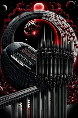 continue up and down a picture of a dark, bloodish, organic, plasmatic dimensions flow from the black hole behind which is a lunar eclipse, inside there is pipe organ in the style of photo-realistic Stranger Things series like but without people