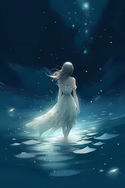 ship under water walk pastel drow girl back white dress night star without face