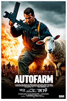 "Create a 90s-style action movie poster titled 'AUTOfarm.' Feature a heroic mechanic battling thousands of people with a spanner, and in the background, show a sheep holding a machine gun. The scene should be intense and dynamic, capturing the high-energy and gritty aesthetic of classic 90s action films. Include the subtitle 'BMI - Suckin-p-p' prominently."