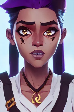 arcane animation series style, league of legends, Solo, 1girl, attractive teenager, african, dark skin, golden eyes, black hair, pair buns, forehead bangs colored in violet, necklace, earrings, modern makeup, (detailed skin texture), white oversize shirt