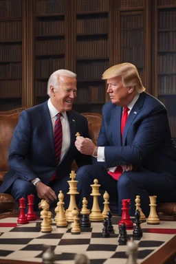 A hyper-realistic , Joe Biden and Trump in a game of chess,Trump smiling ,Biden angry, 64K, hyperrealistic, vivid colors, (glow effects:1.2) , 4K ultra detail, , real photo