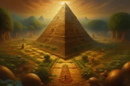 pyramid 300 gods with elongated head standing in an ancient mars civilization that looks like ancient summerian, mars like earth in the center of a lush garden in front of a pyramid in Eden, in the garden of eden, this garden is a magical oasis surrounded by a vast and golden desert, Hyper Detailed Face, Photorealistic, Intricately Detailed, Oil Painting, Heavy Strokes, By Jean Baptiste Monge, By Karol Bak, By Carne Griffiths, Masterpiece, Unreal Engine 3D; Symbolism, Colourful, Polished, Comple