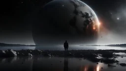 lone person watching planet breaking apart