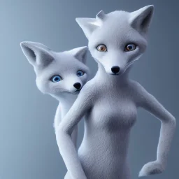 full-body portrait of one light-blue fox-like human female, skin whole body, volumetric lighting, intricate detail, realistic