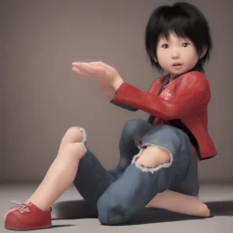 Distant Japanese child, black hair, sitting on floor with back to back, red akira jacket, extremely detailed, extremely realistic